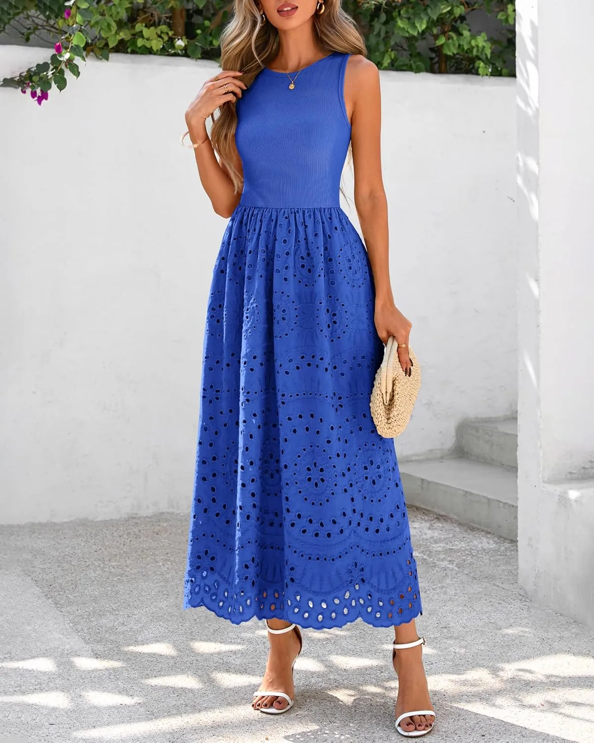 dowerme Women Summer Dresses 2025 Casual Sleeveless Crewneck A-Line Boho Lace Eyelet Cotton Tank Maxi Dress with Pockets