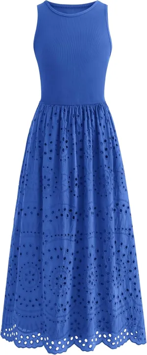dowerme Women Summer Dresses 2025 Casual Sleeveless Crewneck A-Line Boho Lace Eyelet Cotton Tank Maxi Dress with Pockets