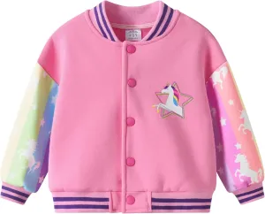 DXTON Girls Baseball Bomber Jacket Zip/Button Sweatshirt Fall Winter Outwear Coat for Kids Toddler 3-12 Years
