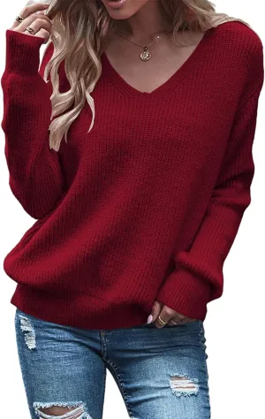 Eurivicy Women's Long Sleeve V Neck Pullover Tops Oversized Chunky Knitted Loose Jumper Sweaters