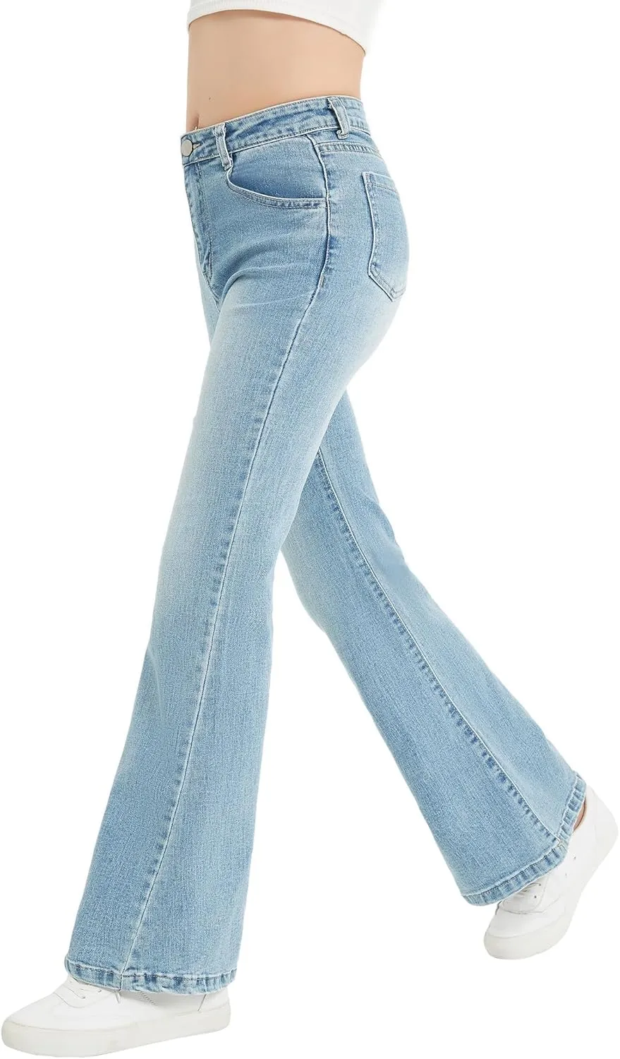 EXARUS Girls Flare Jeans Bell Bottom Full Length Denim Flared Pants Kids Mid Rise Elastic Band with Pockets