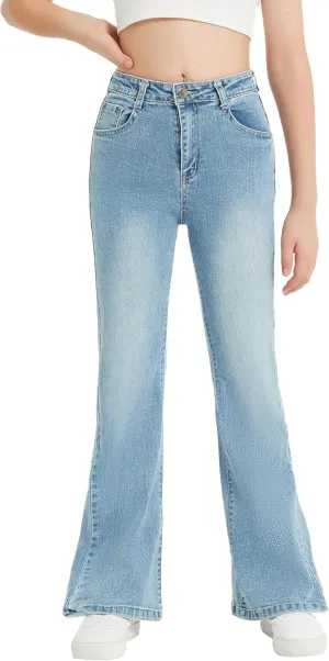 EXARUS Girls Flare Jeans Bell Bottom Full Length Denim Flared Pants Kids Mid Rise Elastic Band with Pockets
