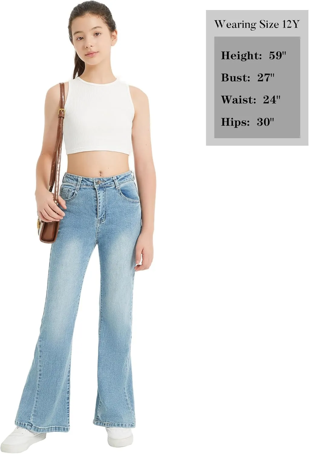 EXARUS Girls Flare Jeans Bell Bottom Full Length Denim Flared Pants Kids Mid Rise Elastic Band with Pockets