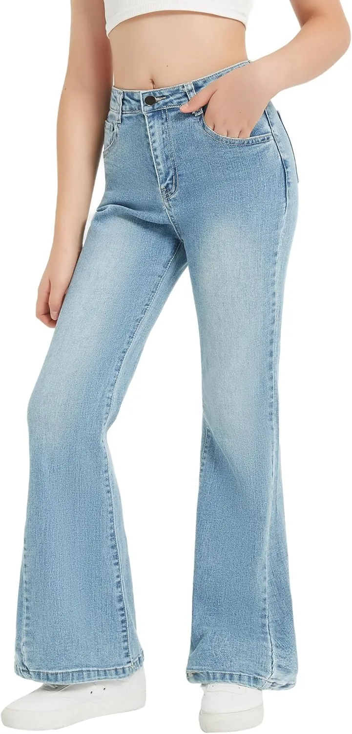 EXARUS Girls Flare Jeans Bell Bottom Full Length Denim Flared Pants Kids Mid Rise Elastic Band with Pockets