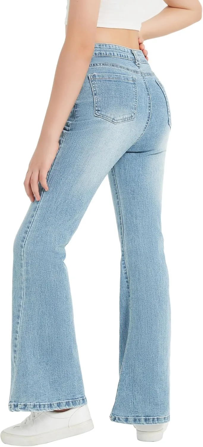 EXARUS Girls Flare Jeans Bell Bottom Full Length Denim Flared Pants Kids Mid Rise Elastic Band with Pockets