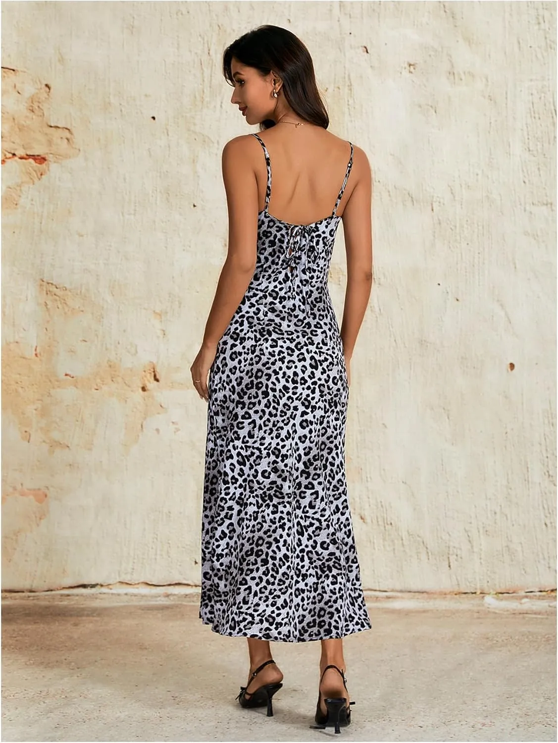 Floerns Women's Leopard Print Draped Collar Spaghetti Strap Cami Long Dress