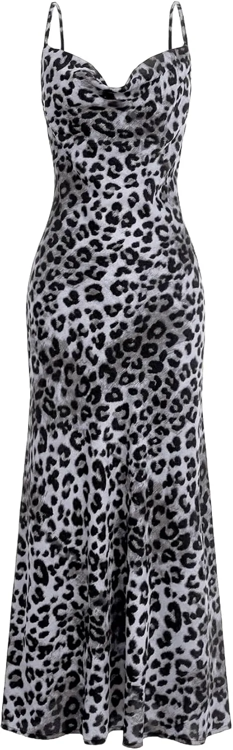 Floerns Women's Leopard Print Draped Collar Spaghetti Strap Cami Long Dress