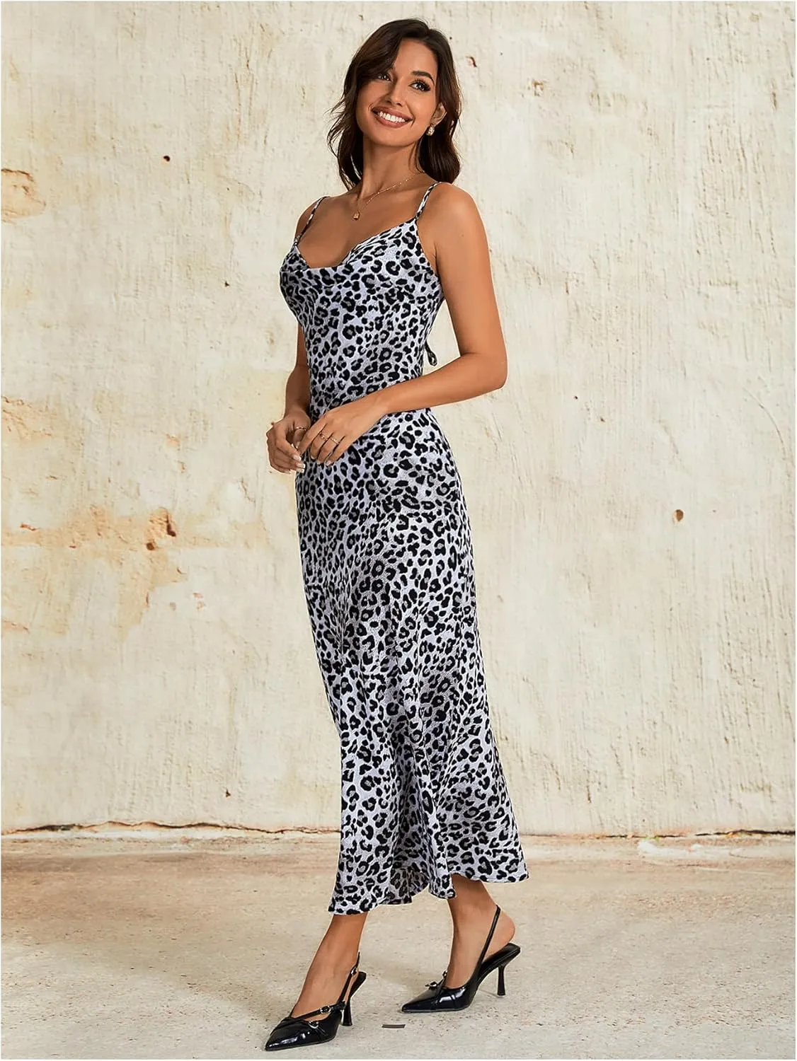 Floerns Women's Leopard Print Draped Collar Spaghetti Strap Cami Long Dress