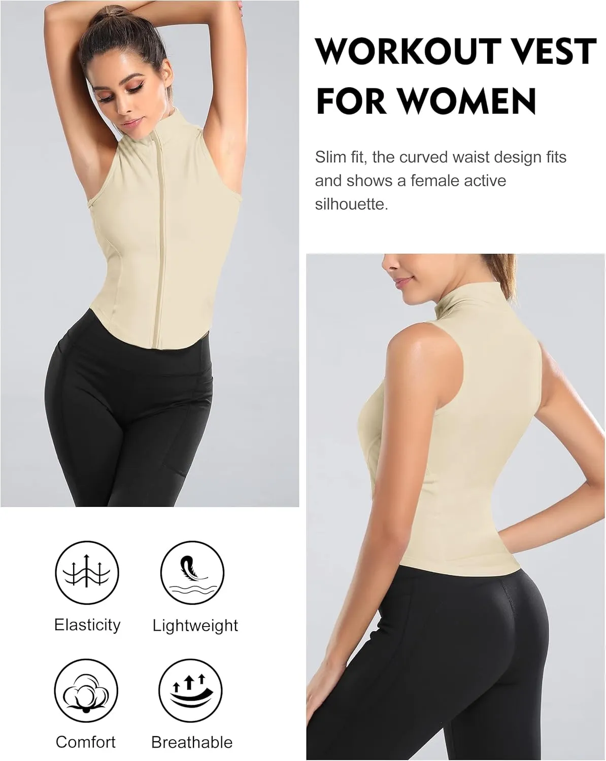 Flygo Women's Full Zip Sleeveless Workout Yoga Active Jacket Vest Golf Shirts