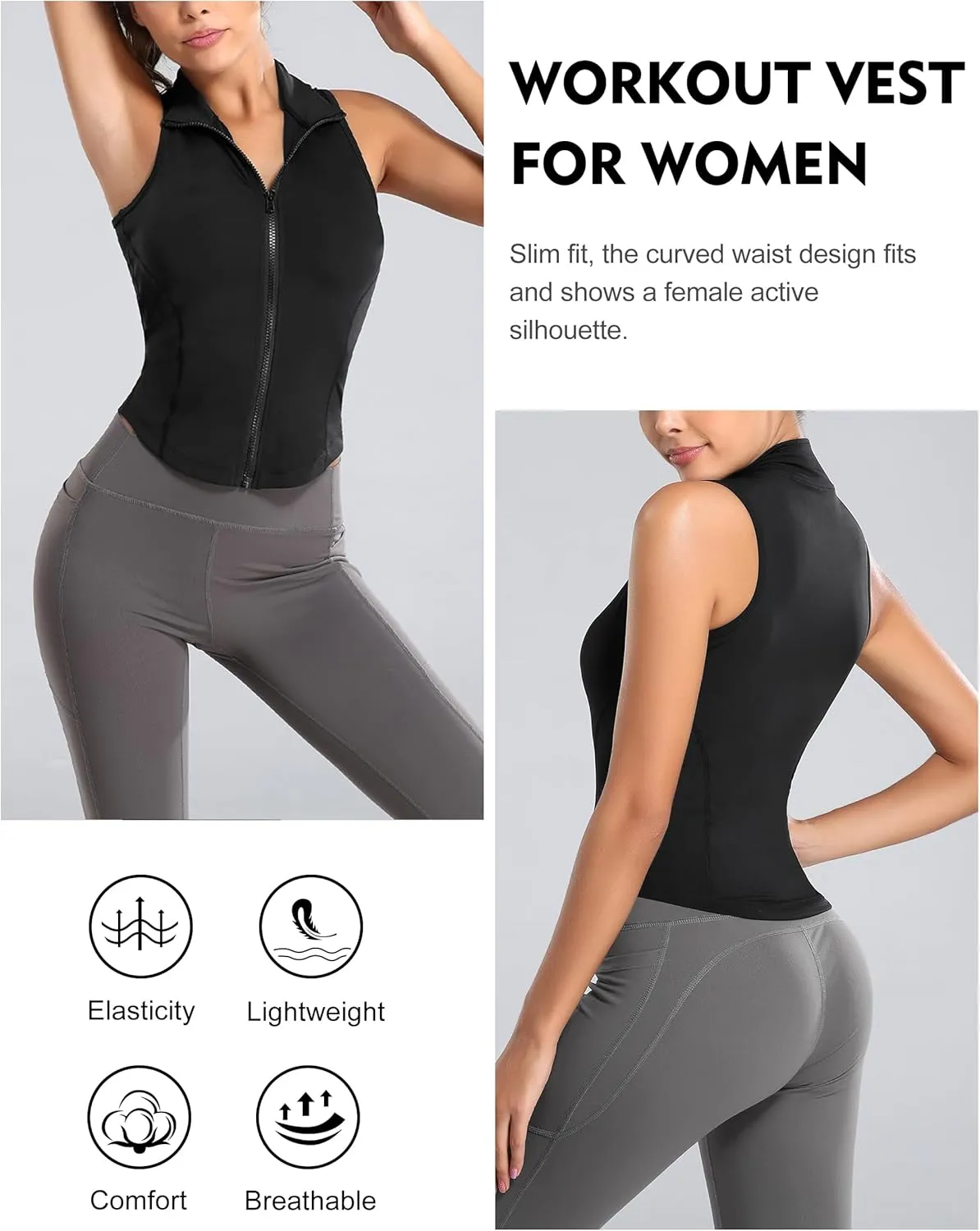 Flygo Women's Full Zip Sleeveless Workout Yoga Active Jacket Vest Golf Shirts