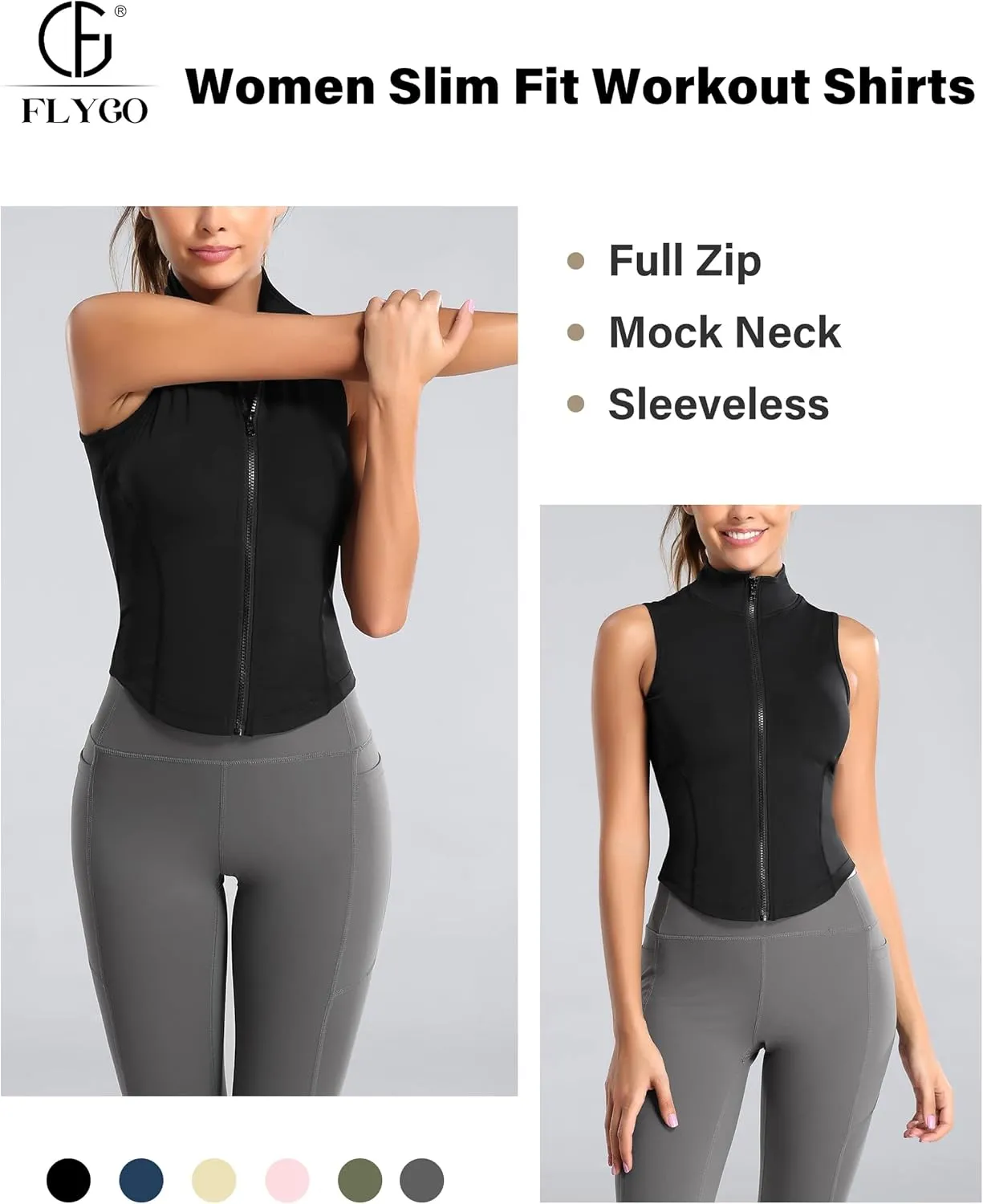 Flygo Women's Full Zip Sleeveless Workout Yoga Active Jacket Vest Golf Shirts