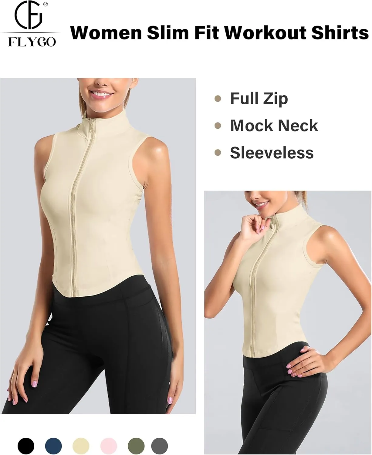 Flygo Women's Full Zip Sleeveless Workout Yoga Active Jacket Vest Golf Shirts
