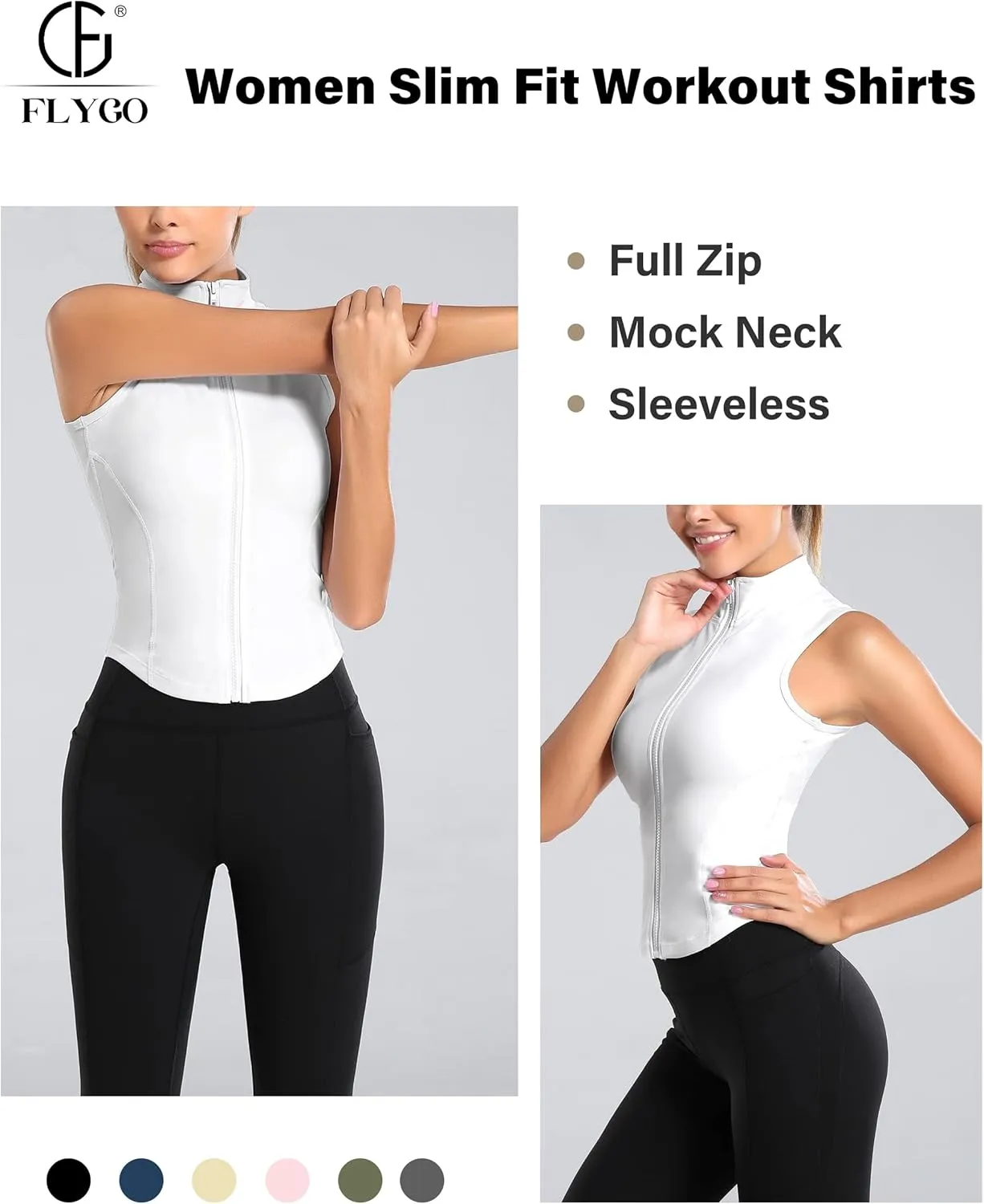 Flygo Women's Full Zip Sleeveless Workout Yoga Active Jacket Vest Golf Shirts