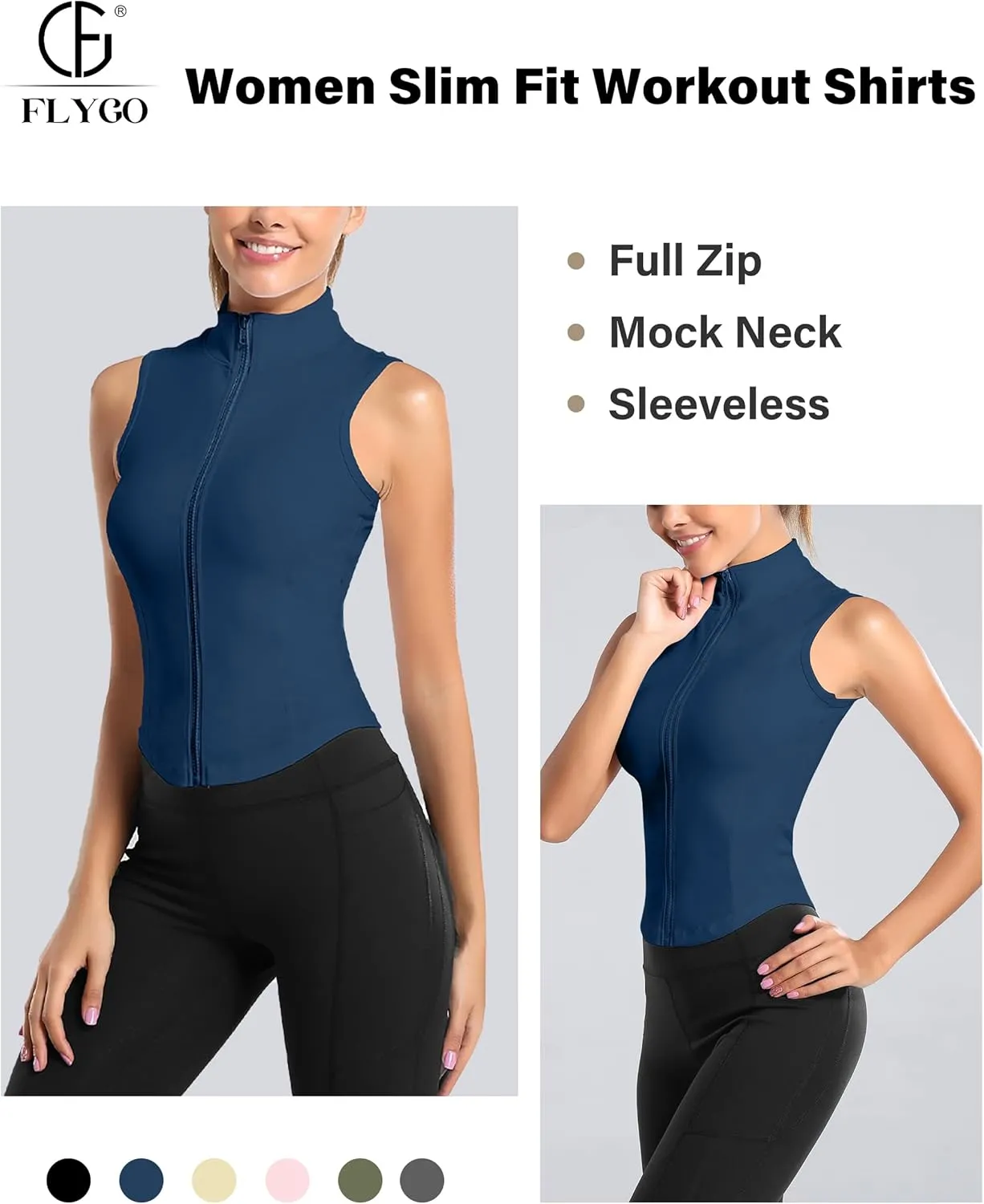 Flygo Women's Full Zip Sleeveless Workout Yoga Active Jacket Vest Golf Shirts