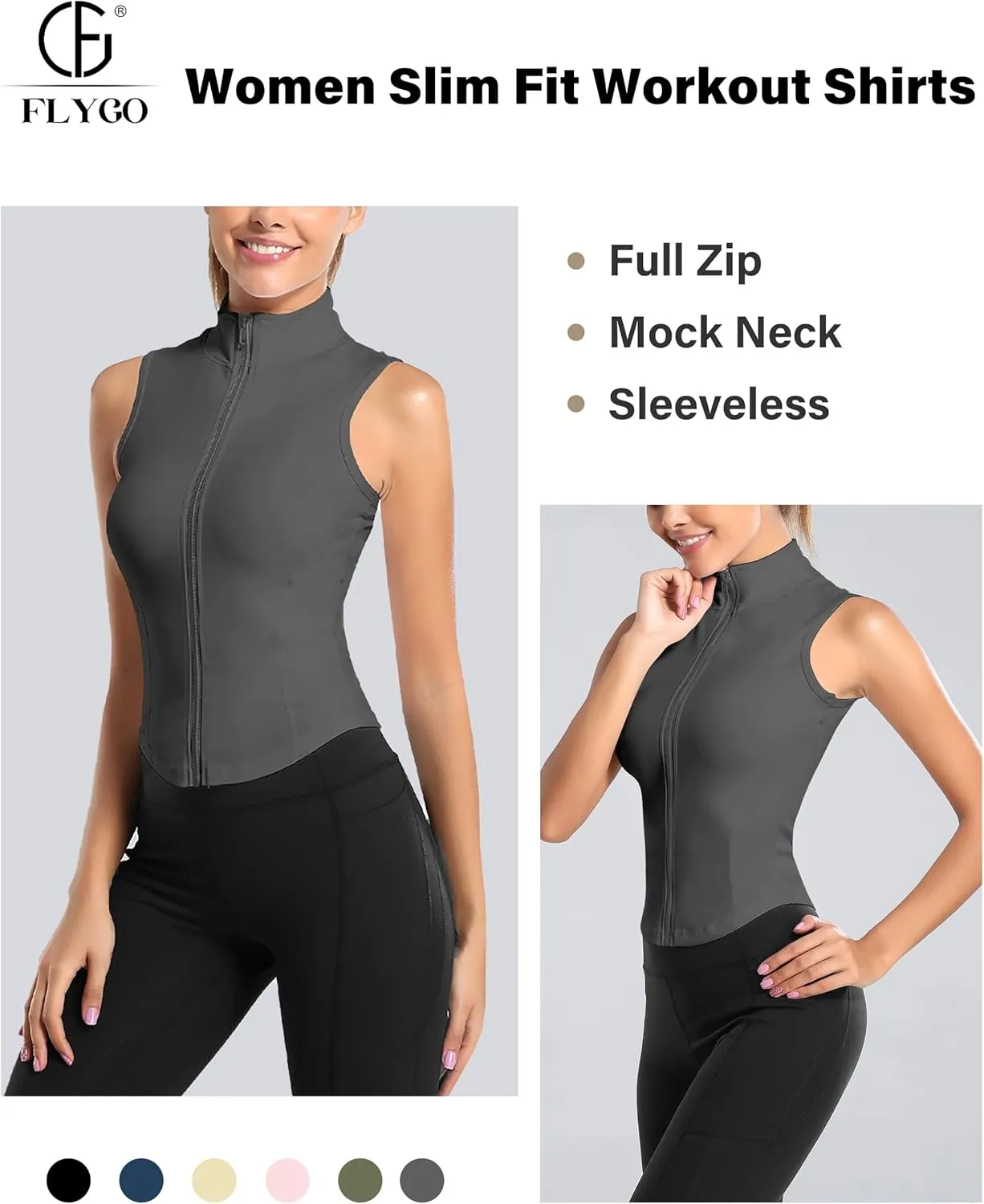 Flygo Women's Full Zip Sleeveless Workout Yoga Active Jacket Vest Golf Shirts
