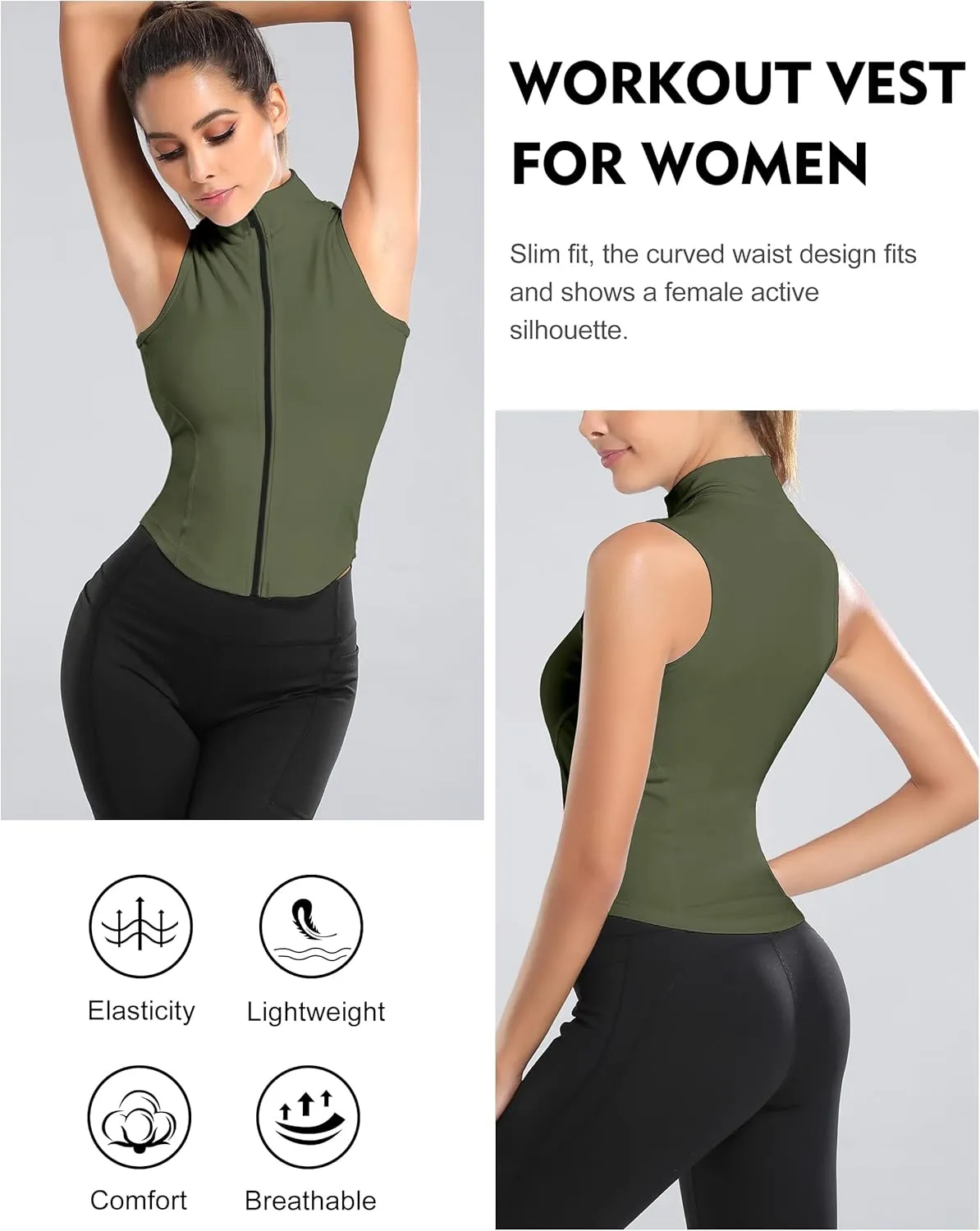 Flygo Women's Full Zip Sleeveless Workout Yoga Active Jacket Vest Golf Shirts