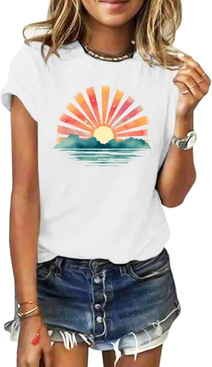 GEMLON Graphic T-Shirts for Women Loose Print Short Sleeve Tops Summer Casual Tees Shirt