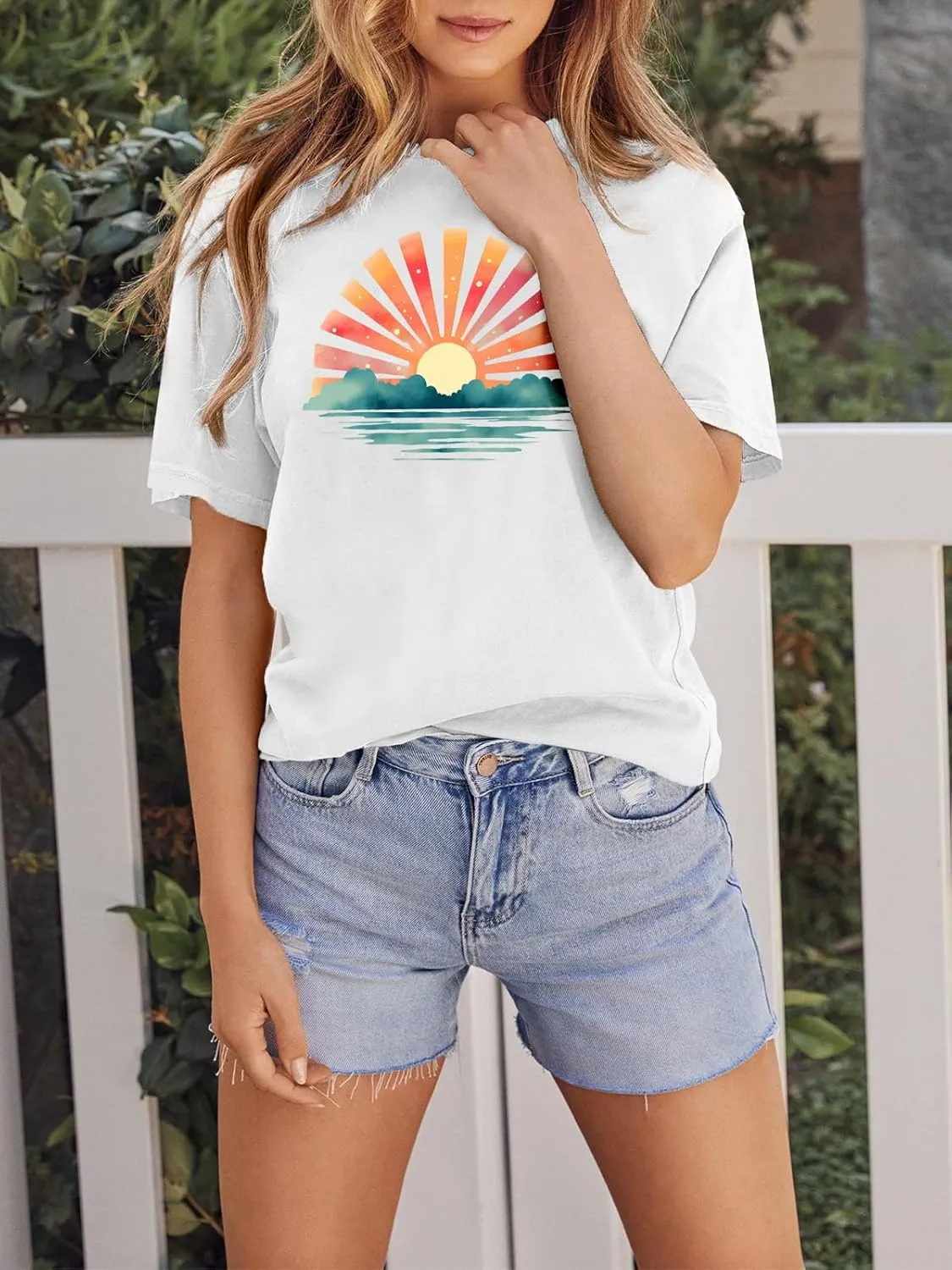 GEMLON Graphic T-Shirts for Women Loose Print Short Sleeve Tops Summer Casual Tees Shirt