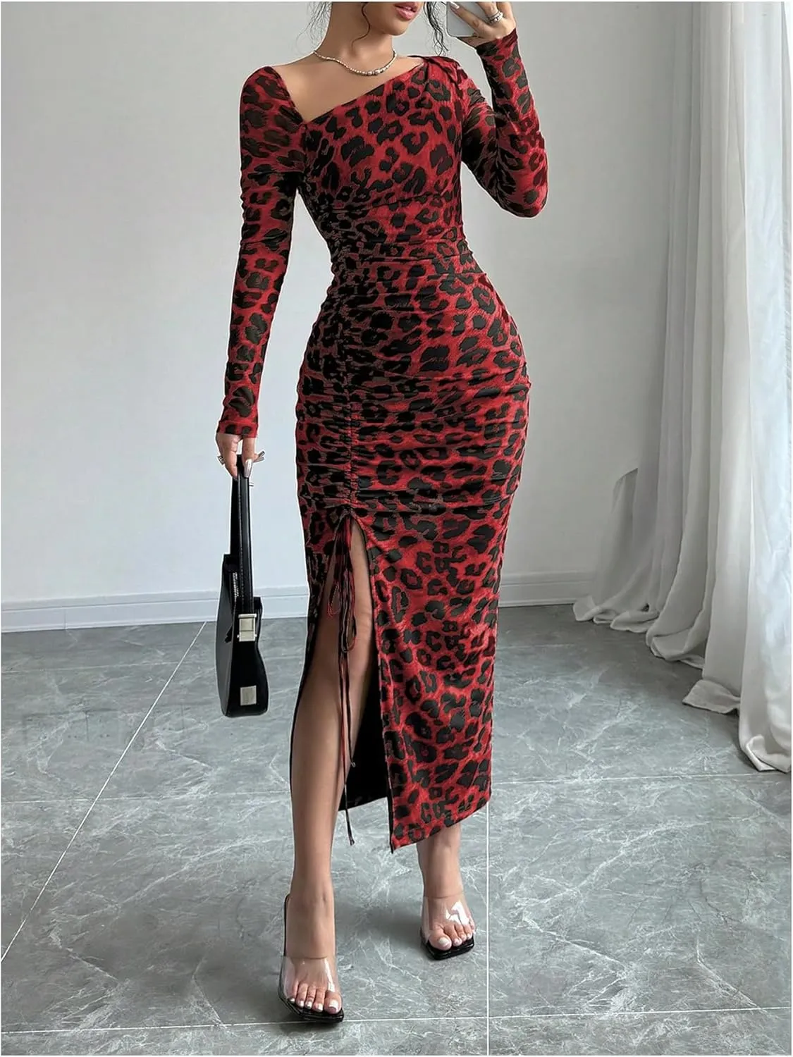 GORGLITTER Women's Maxi Leopard Spring Wedding Guest Dress Drawstring Ruched Asymmetrical Neck Split Dresses