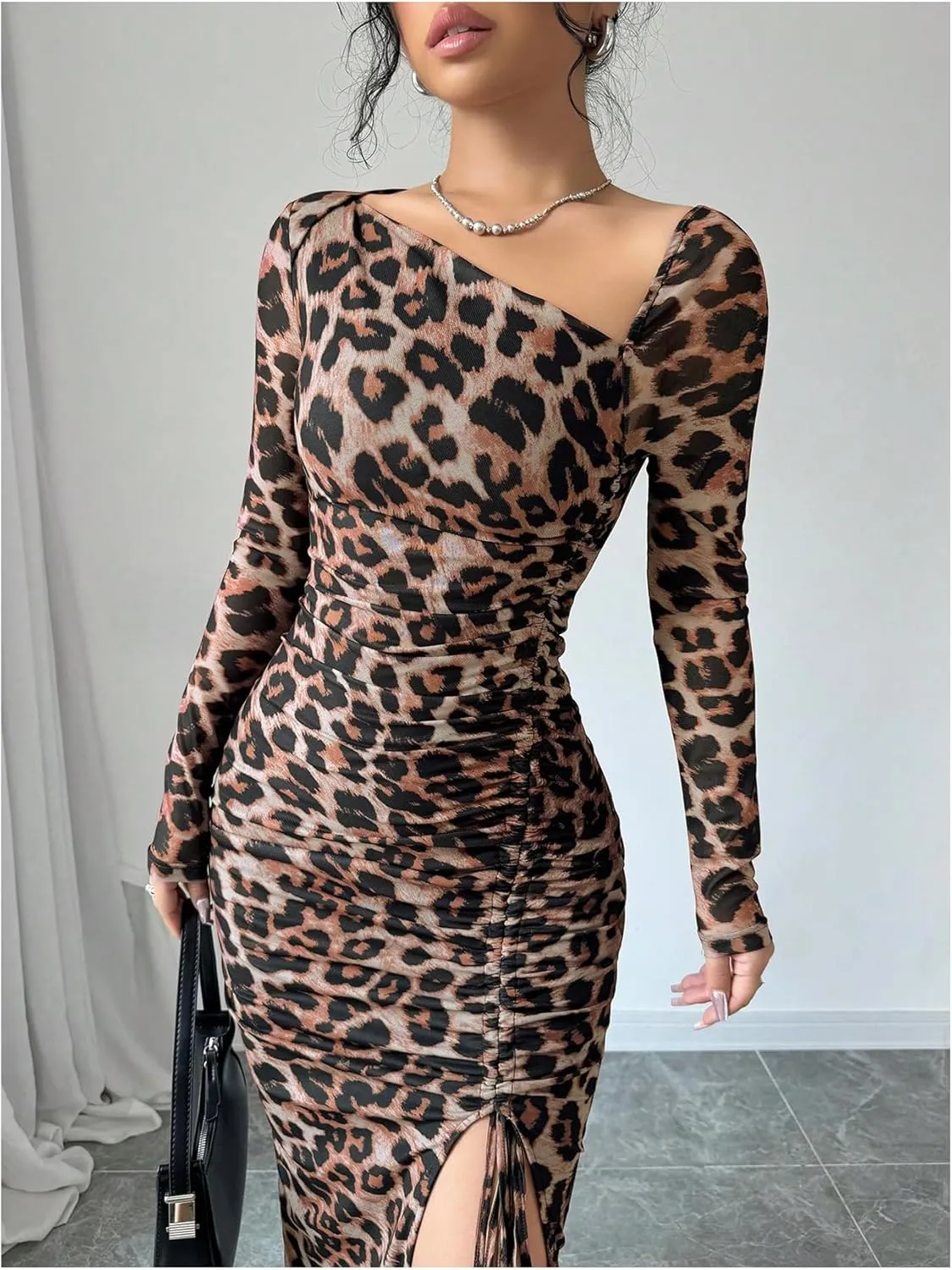 GORGLITTER Women's Maxi Leopard Spring Wedding Guest Dress Drawstring Ruched Asymmetrical Neck Split Dresses