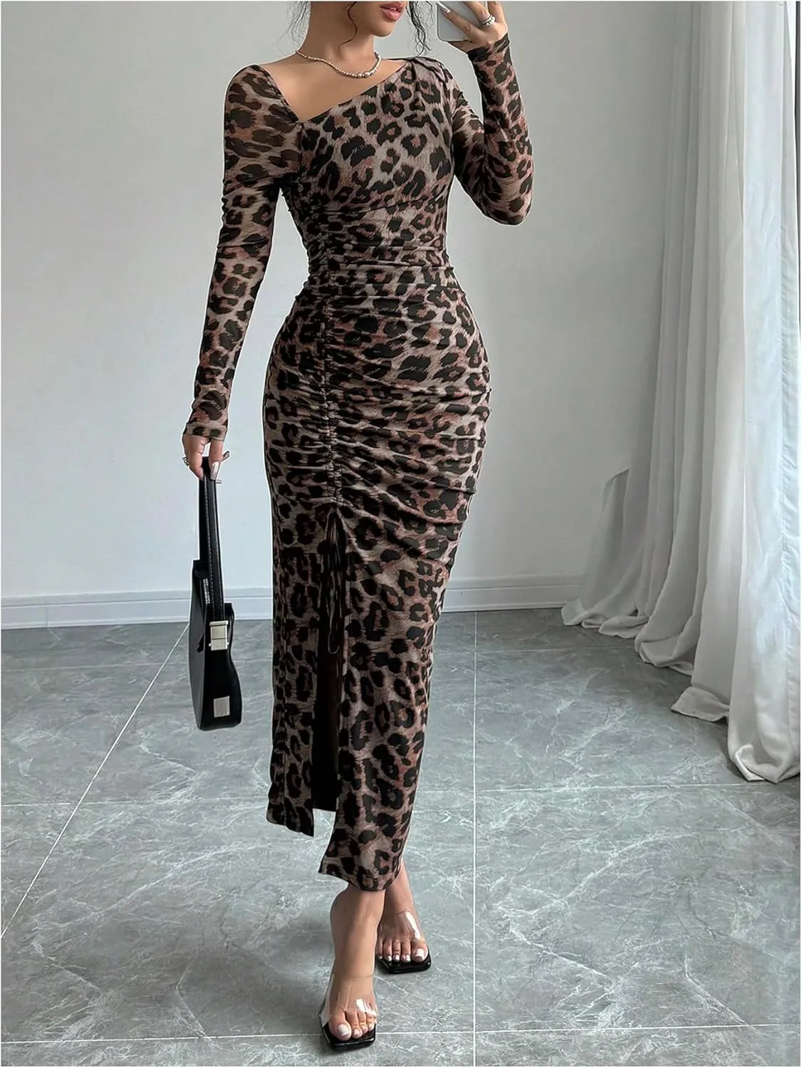 GORGLITTER Women's Maxi Leopard Spring Wedding Guest Dress Drawstring Ruched Asymmetrical Neck Split Dresses