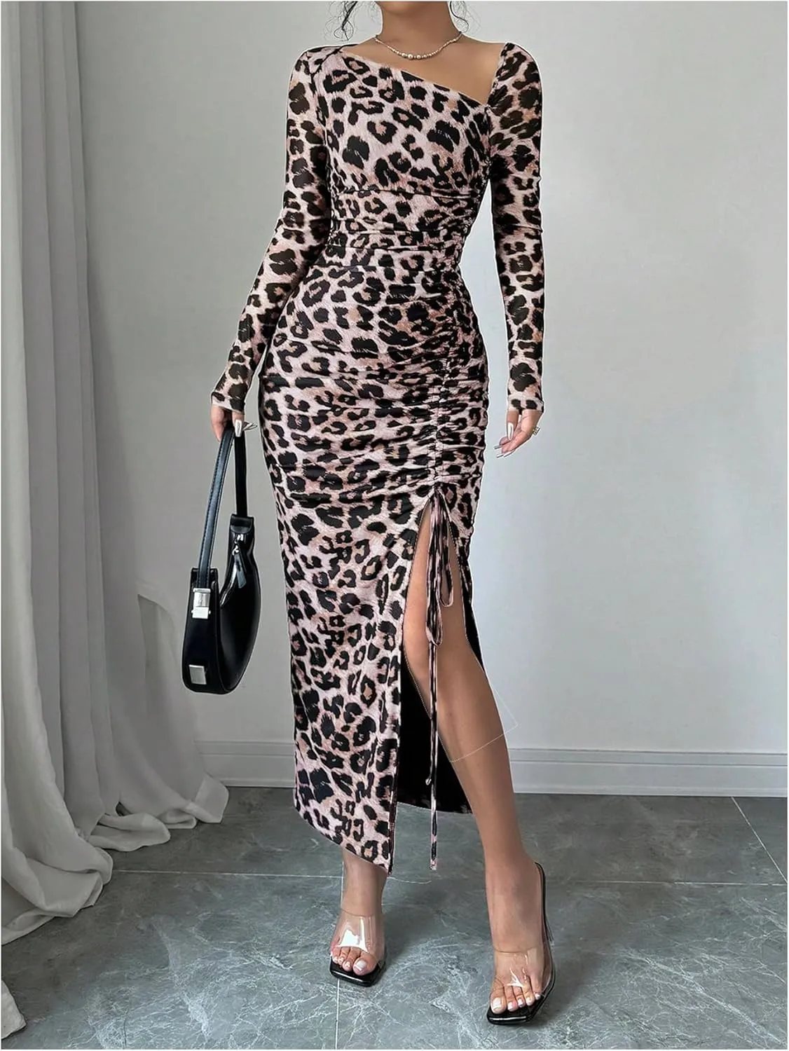 GORGLITTER Women's Maxi Leopard Spring Wedding Guest Dress Drawstring Ruched Asymmetrical Neck Split Dresses
