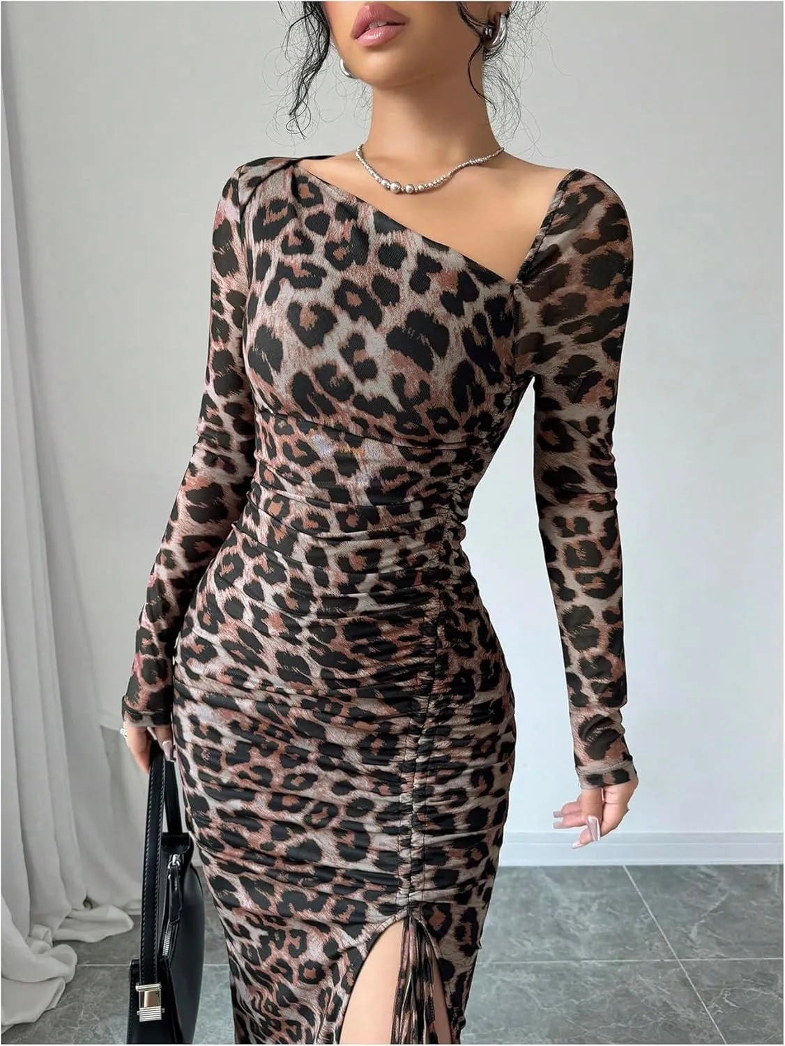 GORGLITTER Women's Maxi Leopard Spring Wedding Guest Dress Drawstring Ruched Asymmetrical Neck Split Dresses