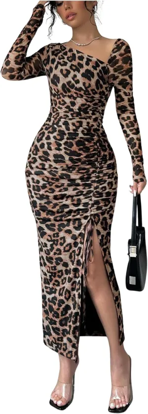 GORGLITTER Women's Maxi Leopard Spring Wedding Guest Dress Drawstring Ruched Asymmetrical Neck Split Dresses