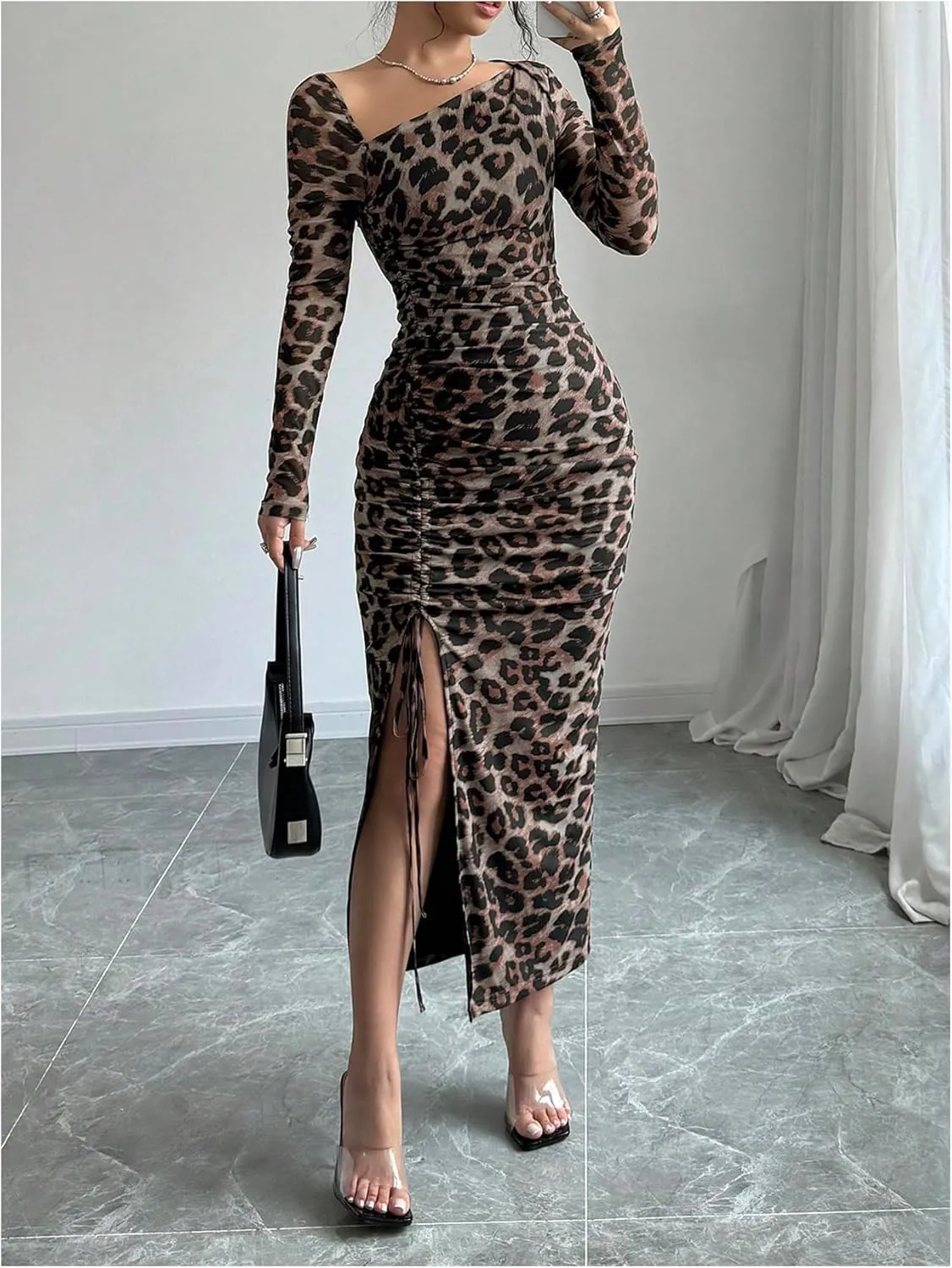 GORGLITTER Women's Maxi Leopard Spring Wedding Guest Dress Drawstring Ruched Asymmetrical Neck Split Dresses