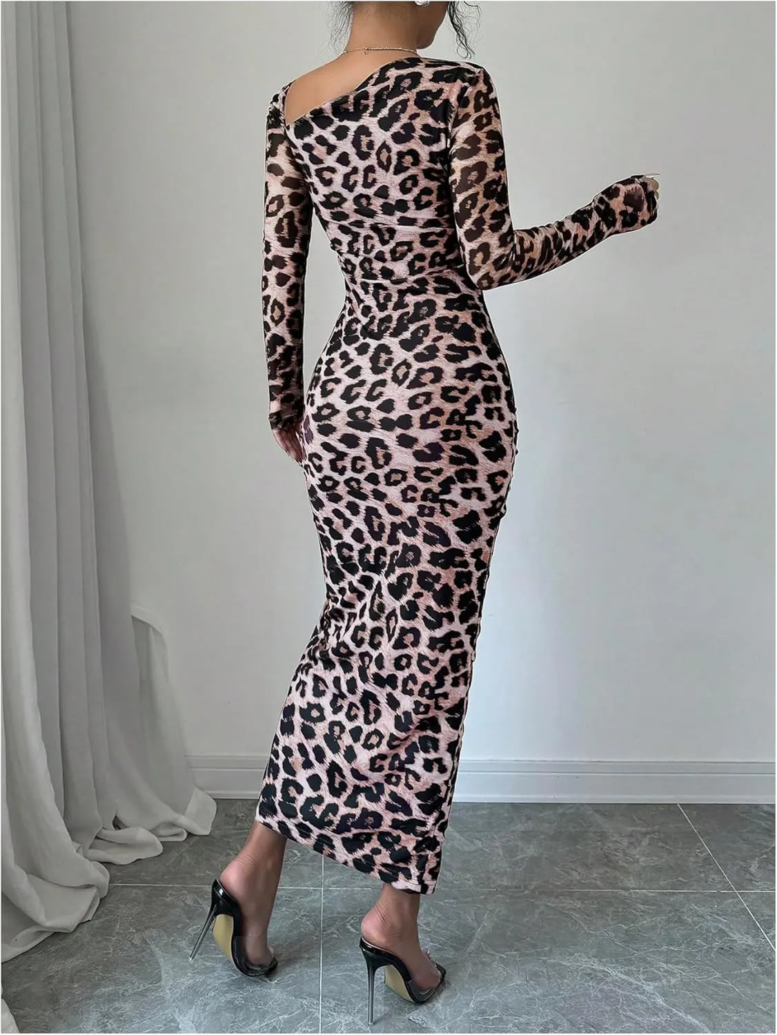 GORGLITTER Women's Maxi Leopard Spring Wedding Guest Dress Drawstring Ruched Asymmetrical Neck Split Dresses