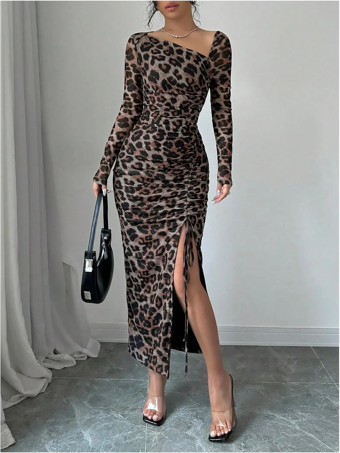GORGLITTER Women's Maxi Leopard Spring Wedding Guest Dress Drawstring Ruched Asymmetrical Neck Split Dresses