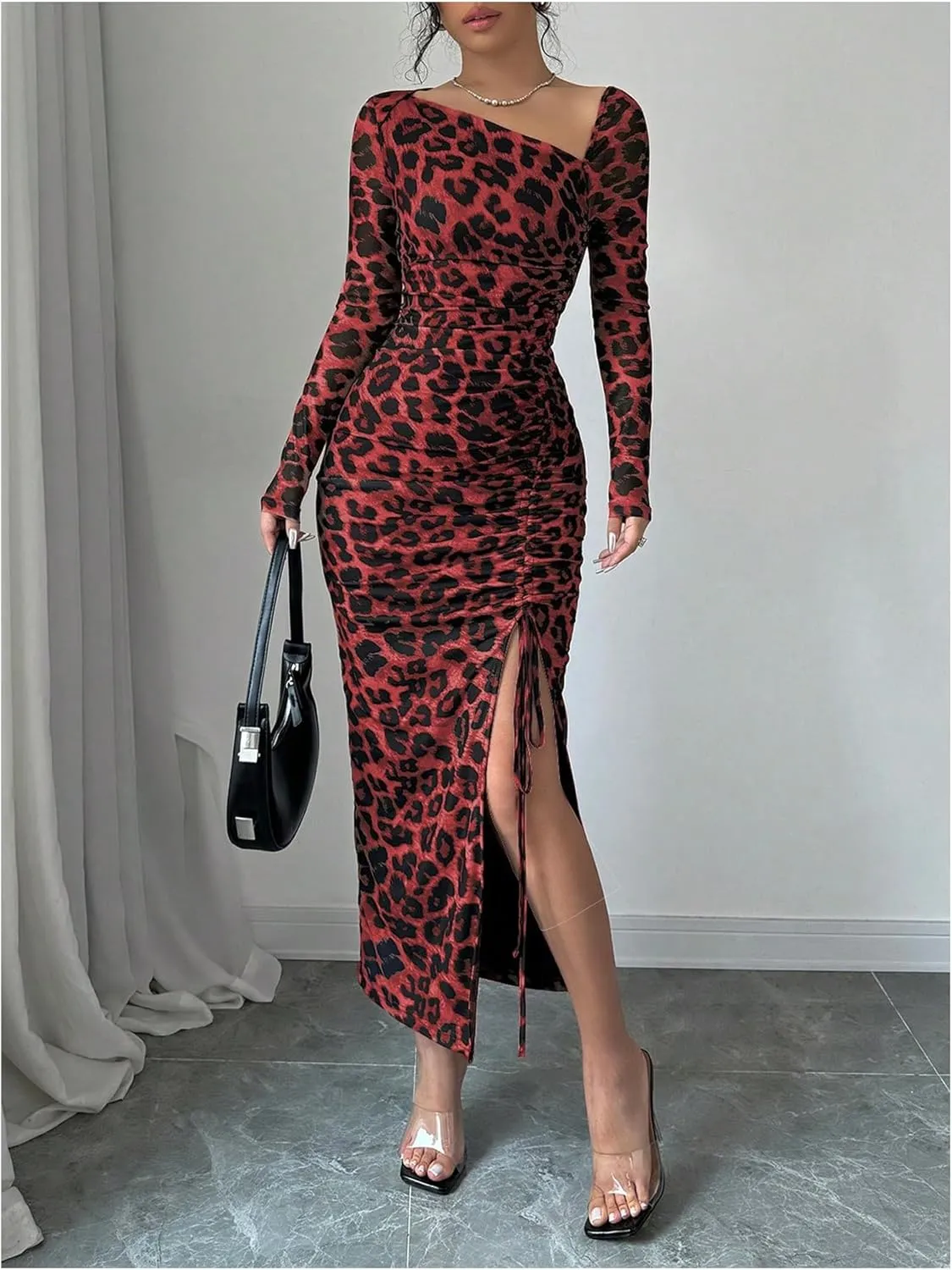 GORGLITTER Women's Maxi Leopard Spring Wedding Guest Dress Drawstring Ruched Asymmetrical Neck Split Dresses
