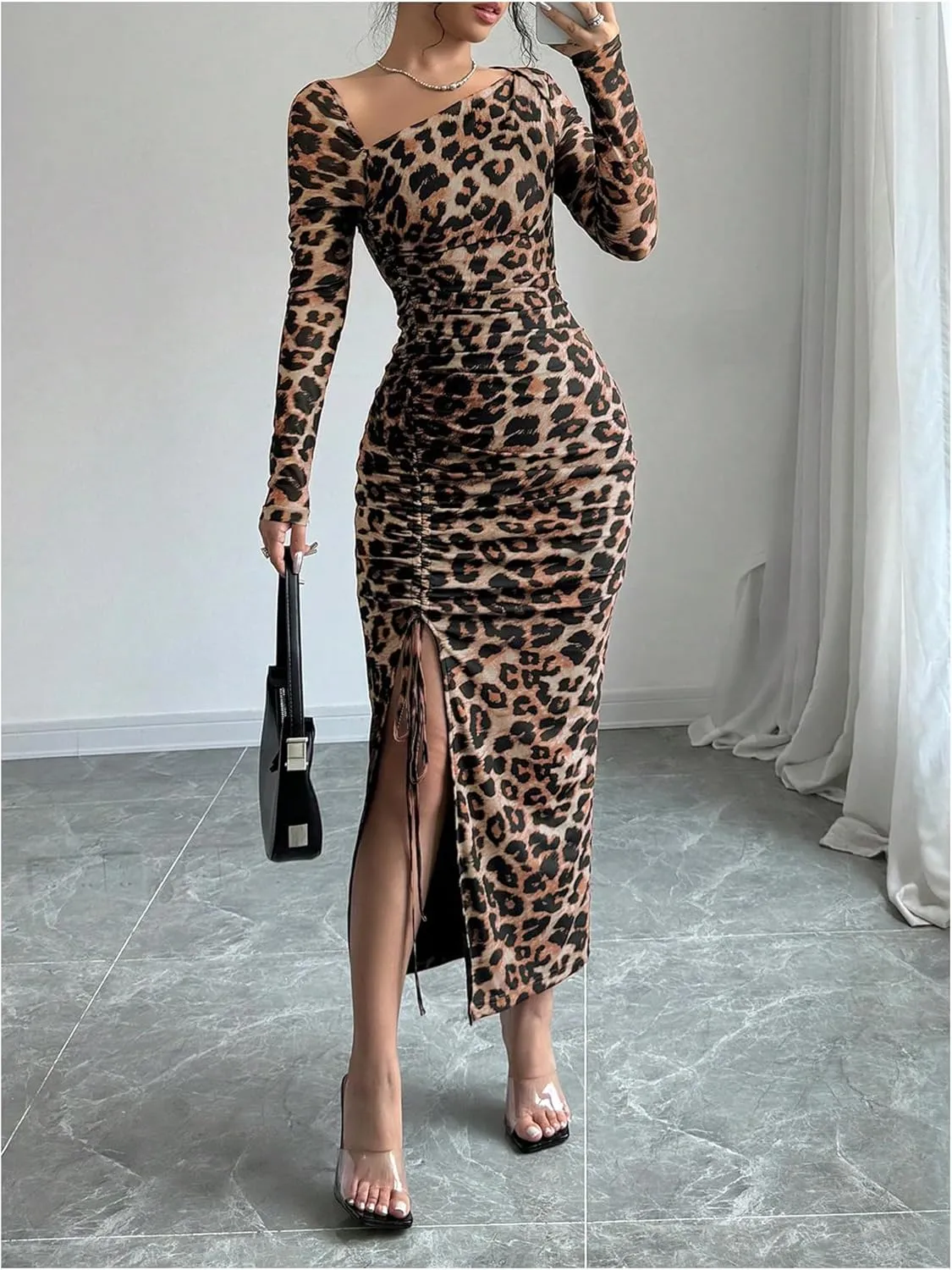 GORGLITTER Women's Maxi Leopard Spring Wedding Guest Dress Drawstring Ruched Asymmetrical Neck Split Dresses