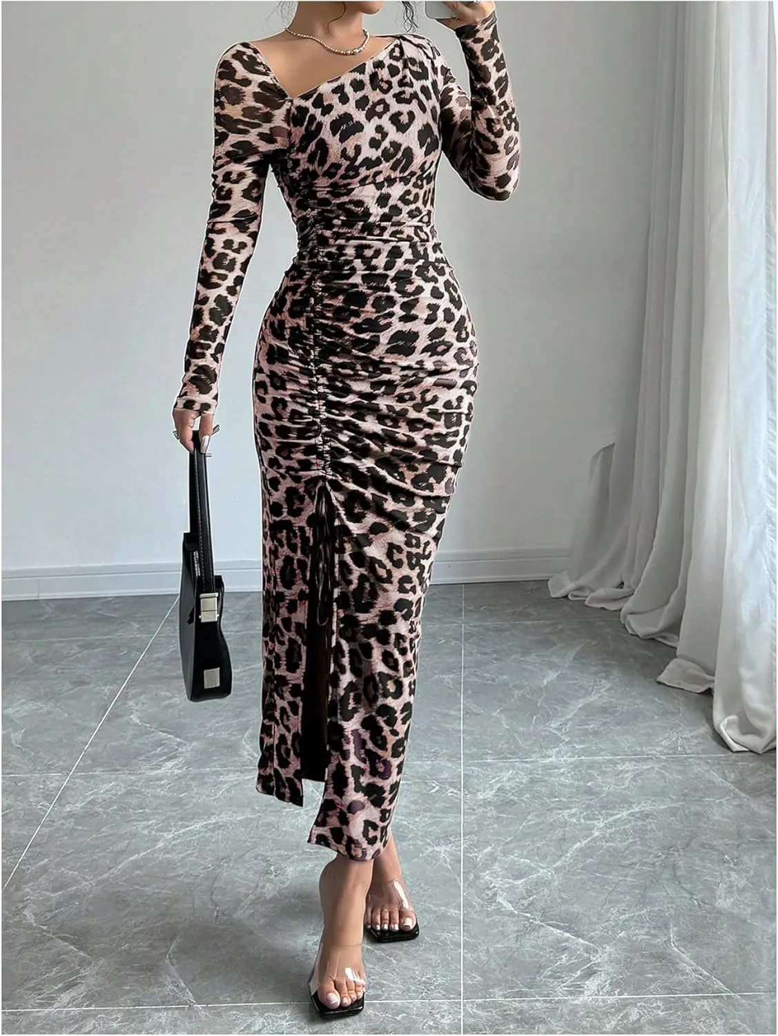 GORGLITTER Women's Maxi Leopard Spring Wedding Guest Dress Drawstring Ruched Asymmetrical Neck Split Dresses