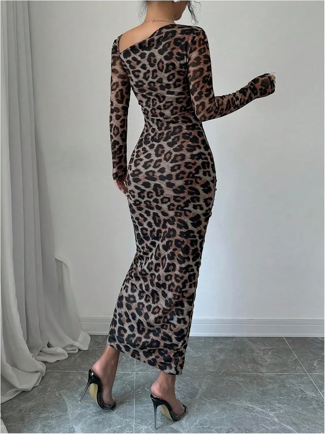 GORGLITTER Women's Maxi Leopard Spring Wedding Guest Dress Drawstring Ruched Asymmetrical Neck Split Dresses