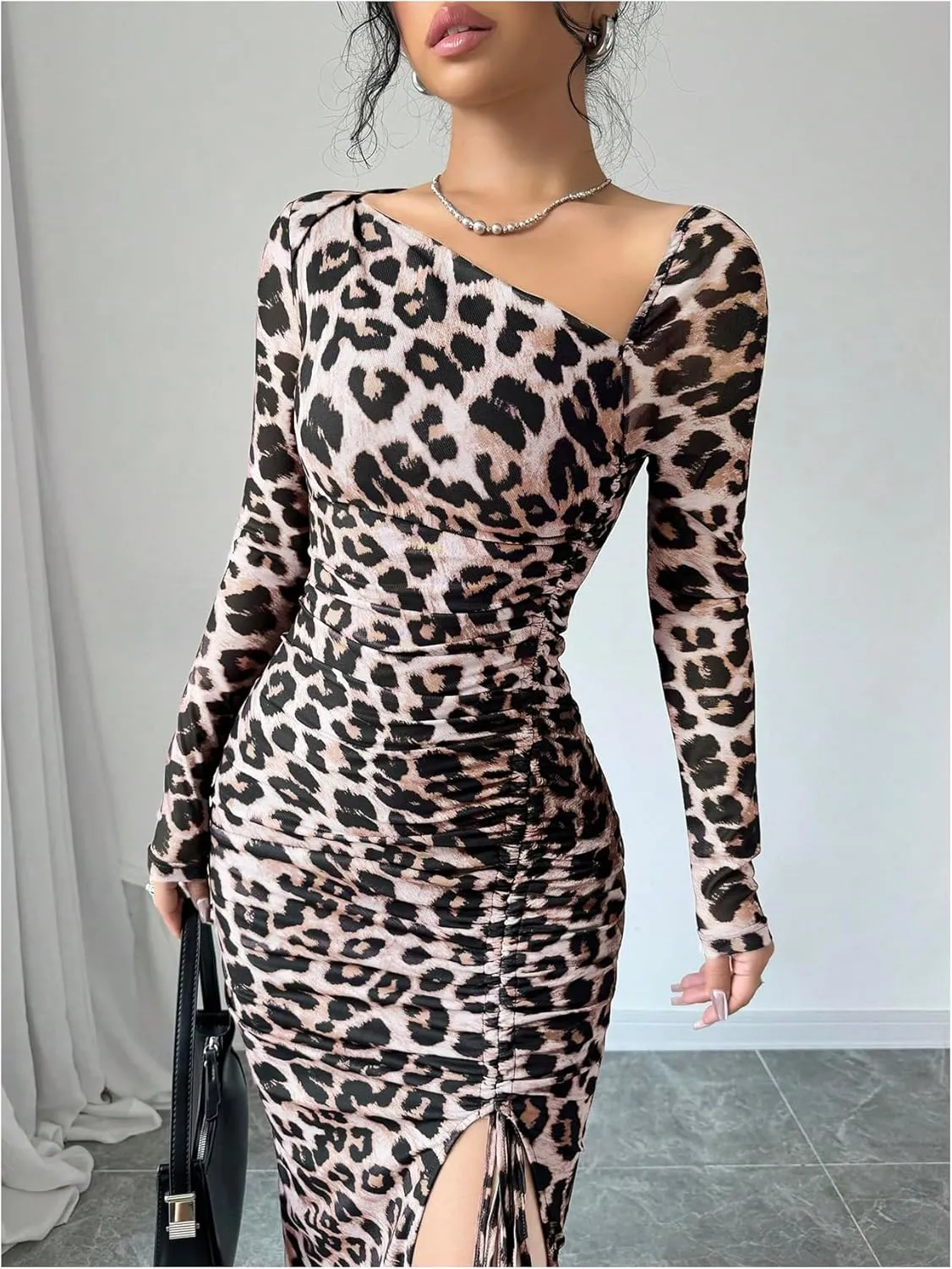 GORGLITTER Women's Maxi Leopard Spring Wedding Guest Dress Drawstring Ruched Asymmetrical Neck Split Dresses