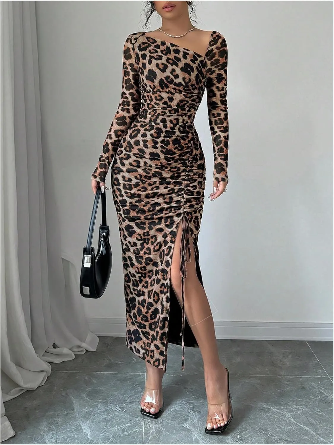 GORGLITTER Women's Maxi Leopard Spring Wedding Guest Dress Drawstring Ruched Asymmetrical Neck Split Dresses