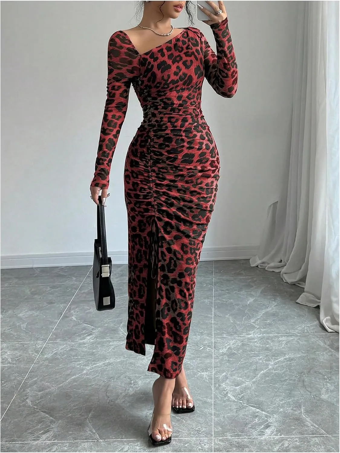 GORGLITTER Women's Maxi Leopard Spring Wedding Guest Dress Drawstring Ruched Asymmetrical Neck Split Dresses