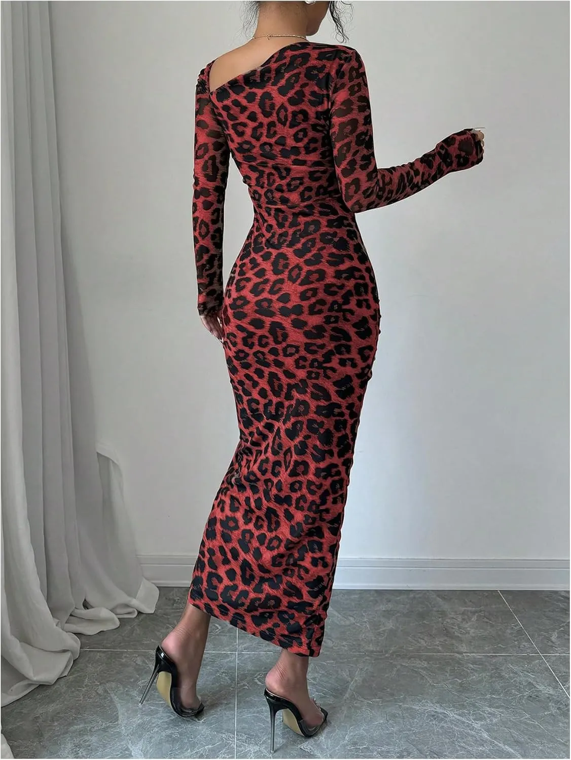 GORGLITTER Women's Maxi Leopard Spring Wedding Guest Dress Drawstring Ruched Asymmetrical Neck Split Dresses