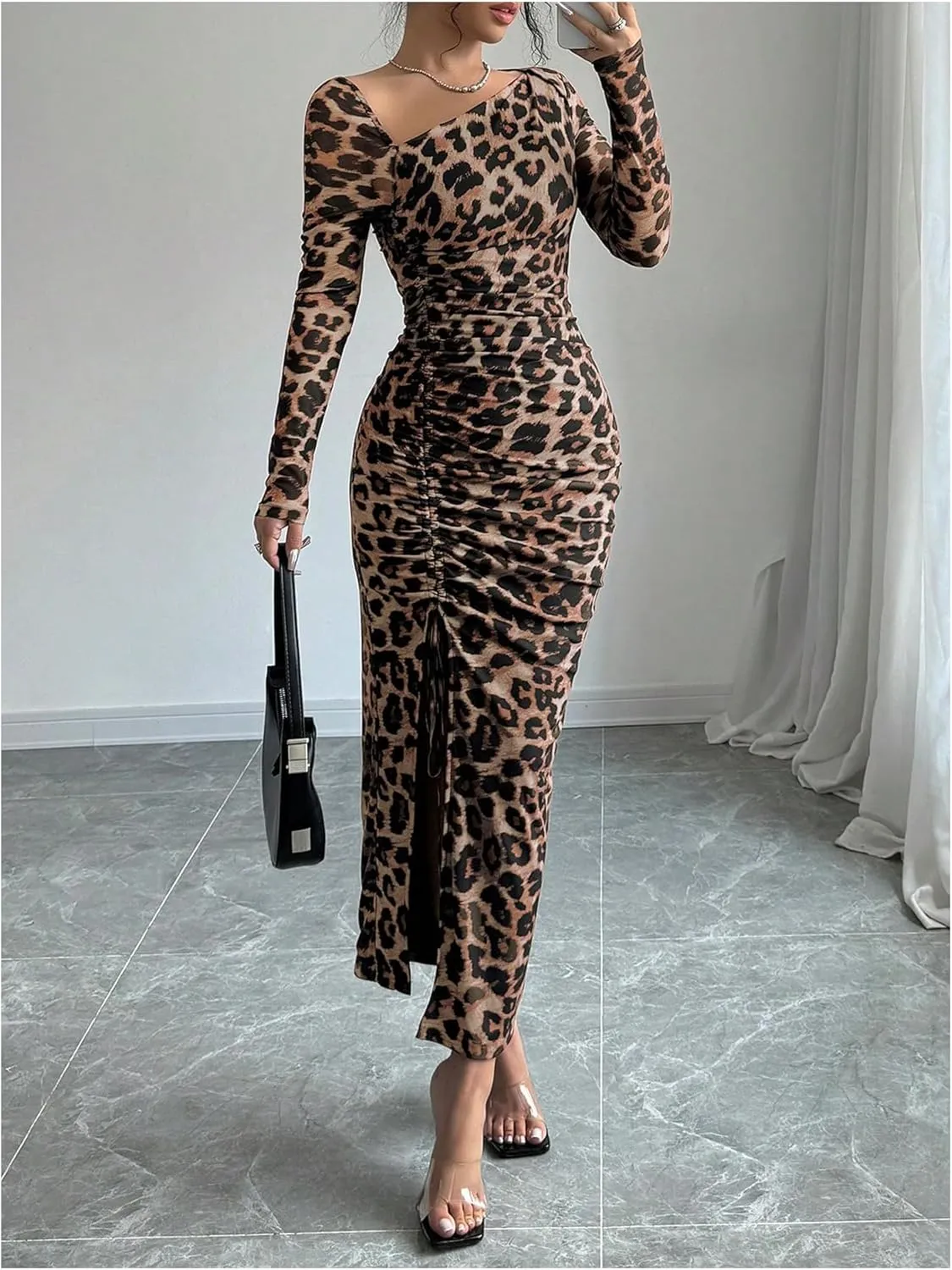 GORGLITTER Women's Maxi Leopard Spring Wedding Guest Dress Drawstring Ruched Asymmetrical Neck Split Dresses