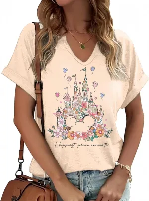 Graphic Tee for Women Vintage Rock Band Shirts Holiday Vacation Magic Kingdom Castle Sleeve Tops