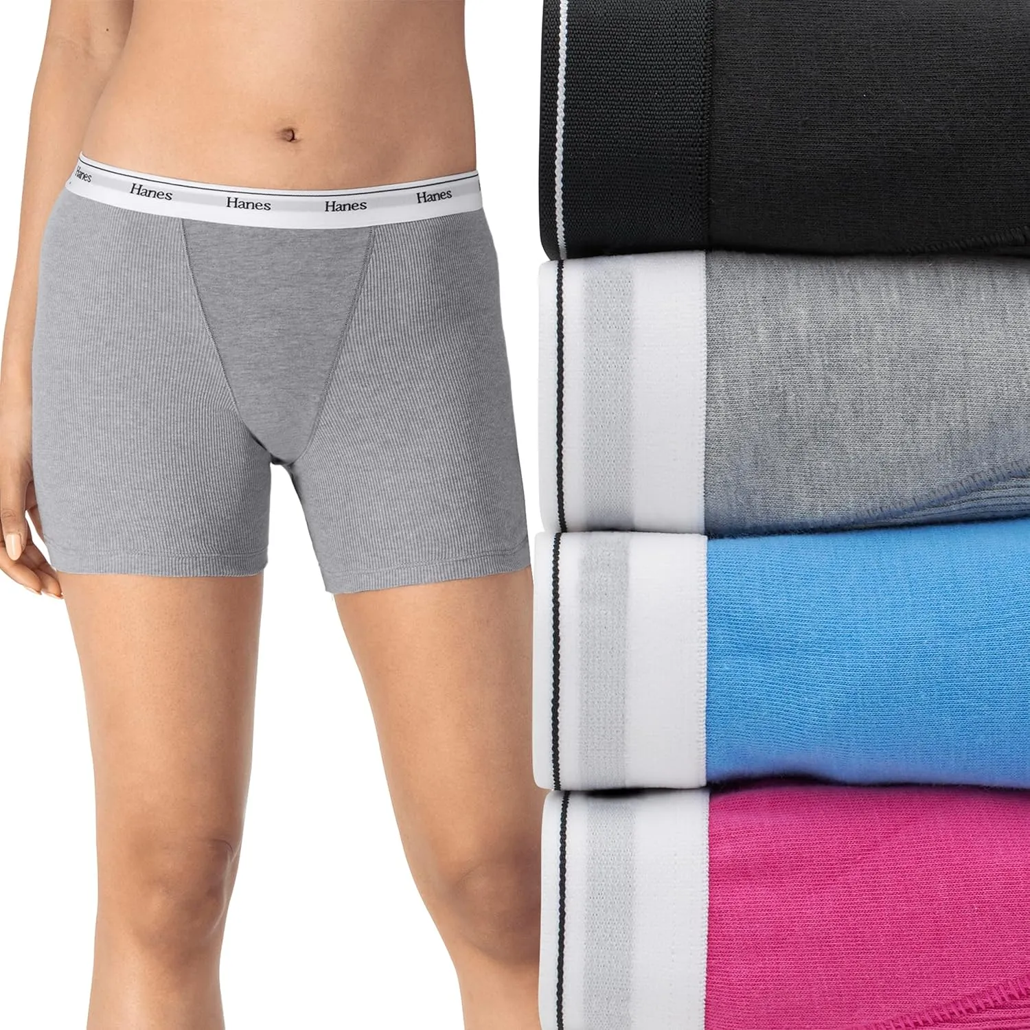 Hanes Women's Mid-Thigh Boxer Brief Pack, Stretch Cotton Underwear, 4-Pack
