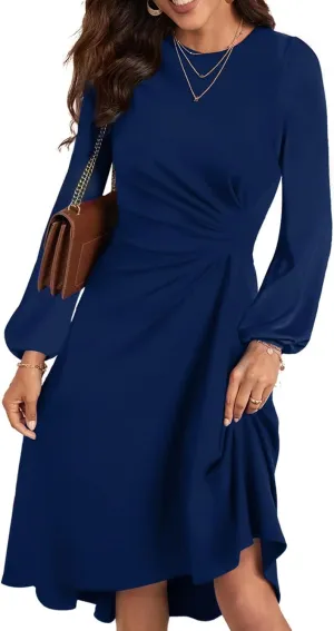 Happy Sailed Midi Dresses for Women Date Night Long Sleeve Empire Ruched Waisted Slim Fit Irregular Hem Flared A-Line High Low Cocktail Party Dress Fashion 2025 Navy Blue Large