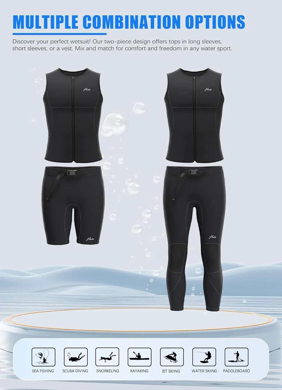 Hevto Men Wetsuit Tops and Vest 3/2mm Neoprene Jacket Surfing Swimming Front Zip Wet Suit for Water Sports