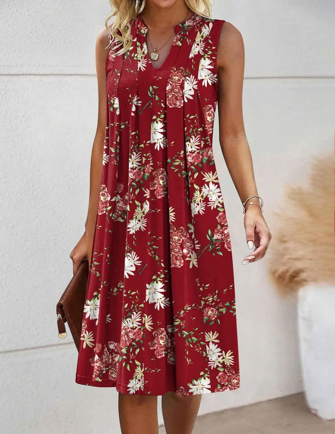 HOTOUCH Women Casual A-Line Dress with Pockets 2024 Sleeveless V Neck Pleated Sundress Loose T-Shirt Work Office Dresses