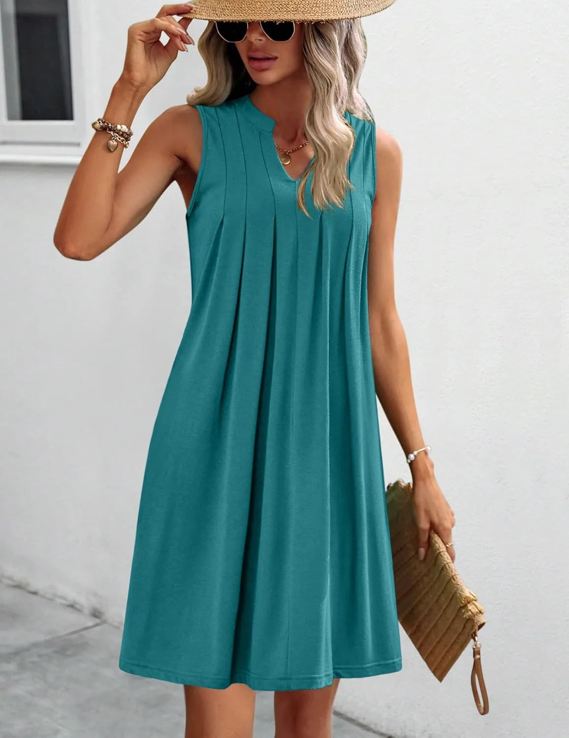 HOTOUCH Women Casual A-Line Dress with Pockets 2024 Sleeveless V Neck Pleated Sundress Loose T-Shirt Work Office Dresses