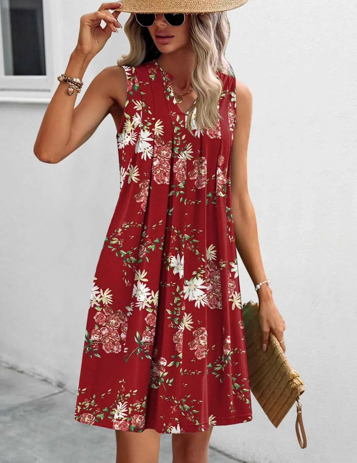 HOTOUCH Women Casual A-Line Dress with Pockets 2024 Sleeveless V Neck Pleated Sundress Loose T-Shirt Work Office Dresses