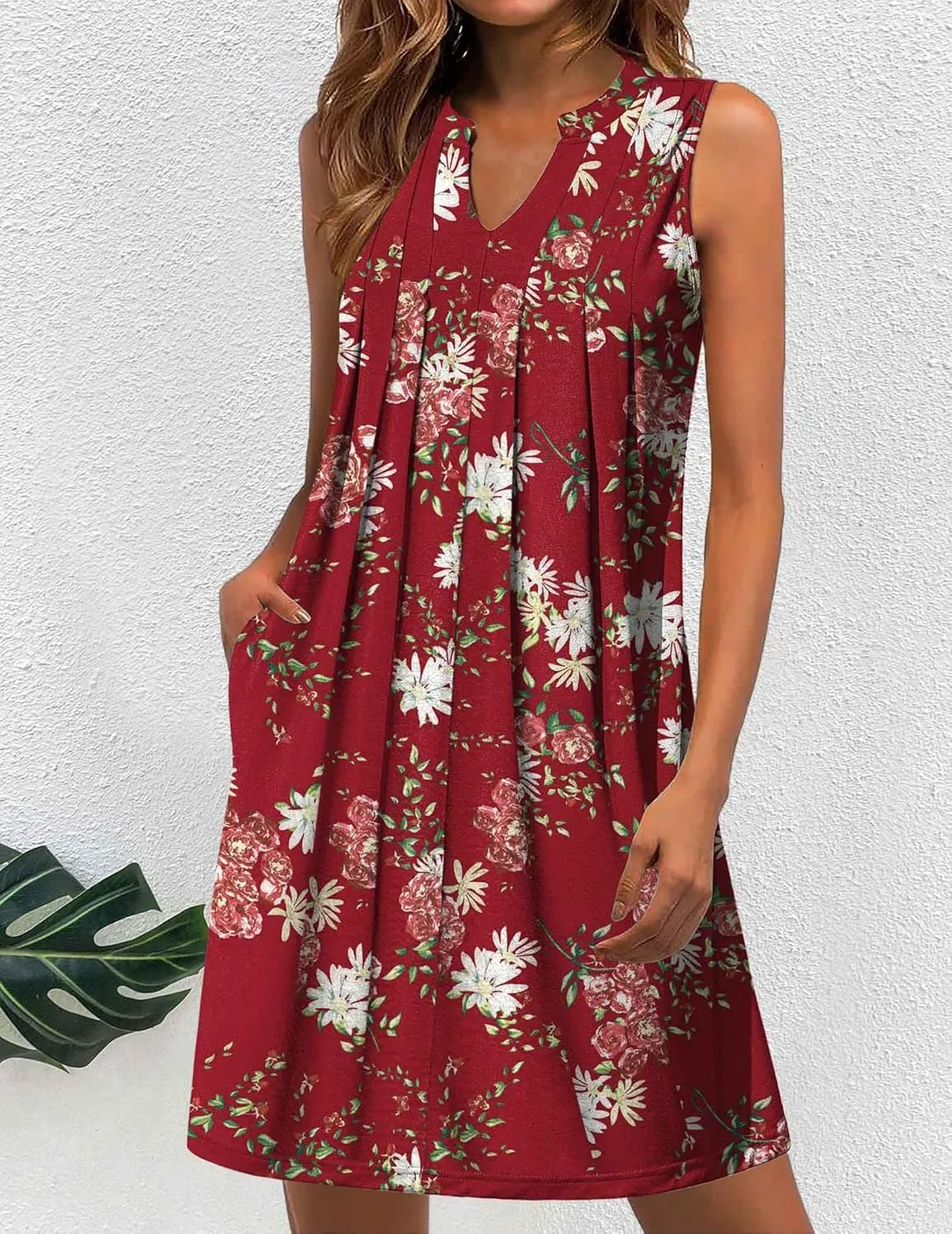 HOTOUCH Women Casual A-Line Dress with Pockets 2024 Sleeveless V Neck Pleated Sundress Loose T-Shirt Work Office Dresses