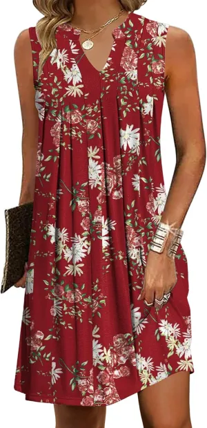 HOTOUCH Women Casual A-Line Dress with Pockets 2024 Sleeveless V Neck Pleated Sundress Loose T-Shirt Work Office Dresses