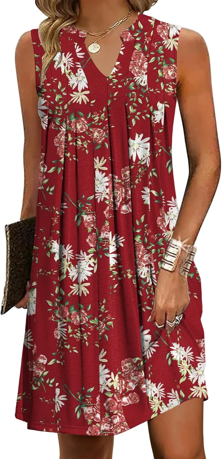 HOTOUCH Women Casual A-Line Dress with Pockets 2024 Sleeveless V Neck Pleated Sundress Loose T-Shirt Work Office Dresses